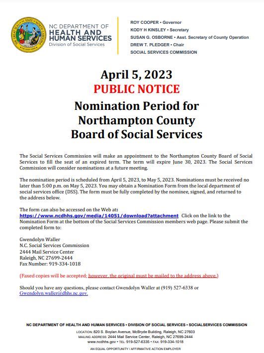 Nomination Period Board of Social Services Public Notice - April 5, 2023