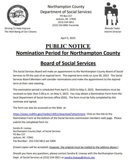 Nomination Period for Northampton County Board of Social Services Public Notice - April 5, 2023